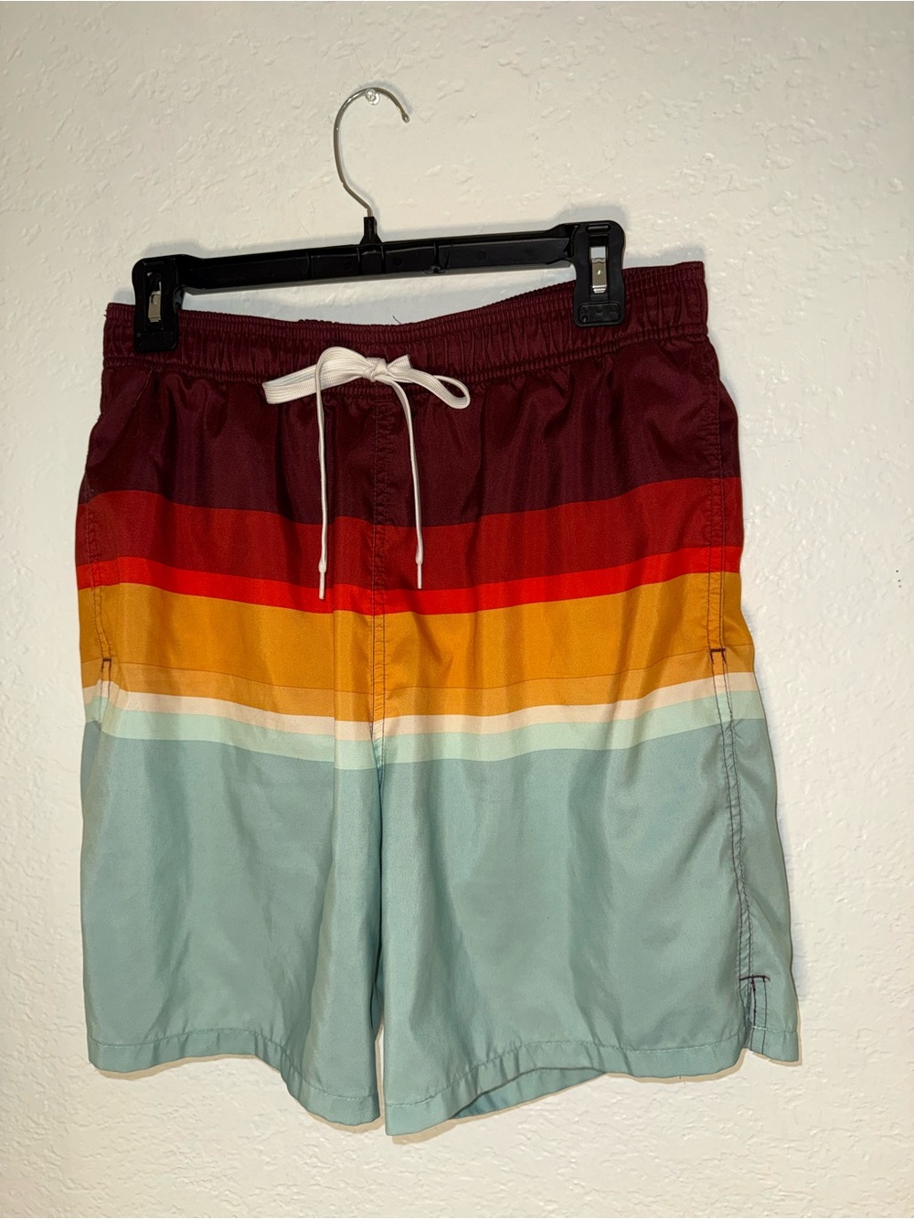 Goodfellow & Co Men's Striped Swim Trunks in Burgundy, Red, Orange & Light Blue